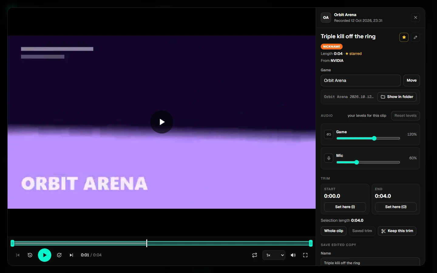 The player with Game and Mic volume sliders and trim controls